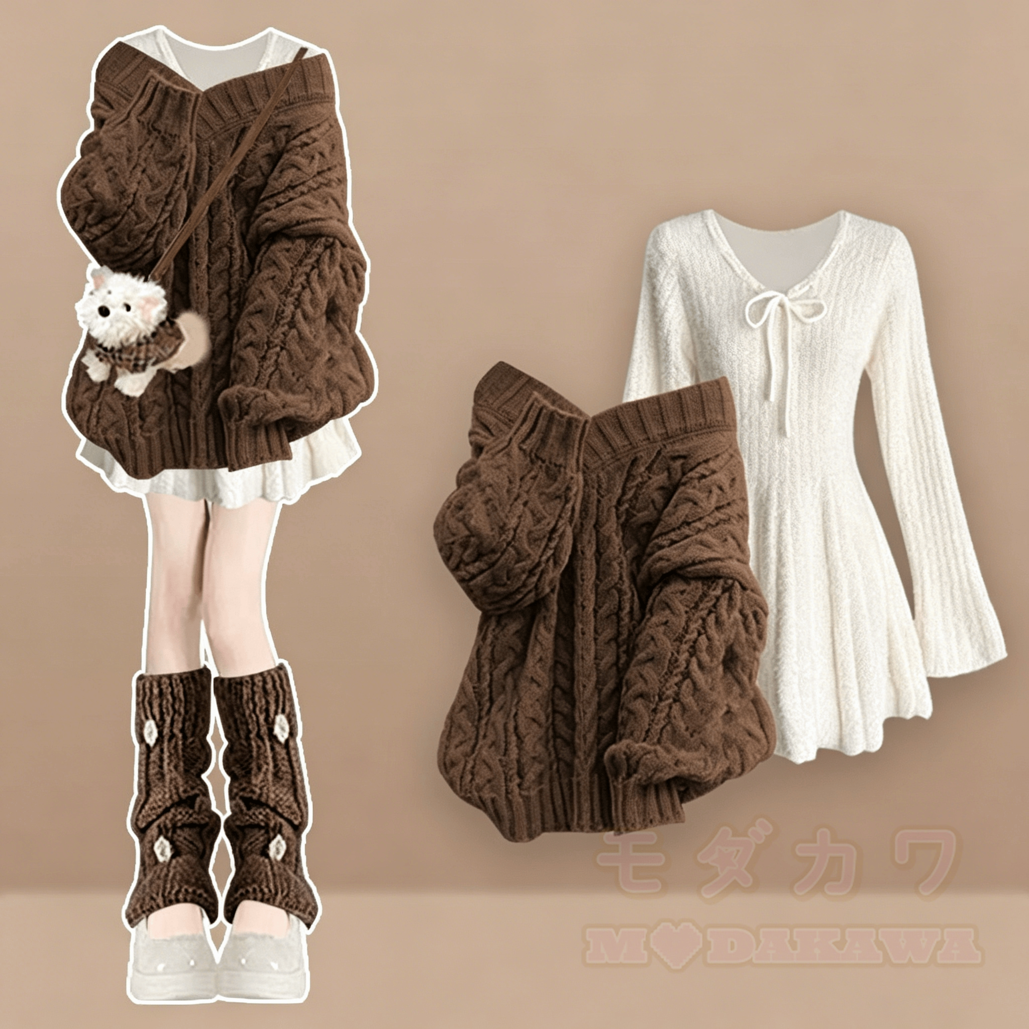 Zweiteiliges Set aus weichem Strickpullover und Kleid mit Schleife - Kaffeeservice - 4XL - image 4