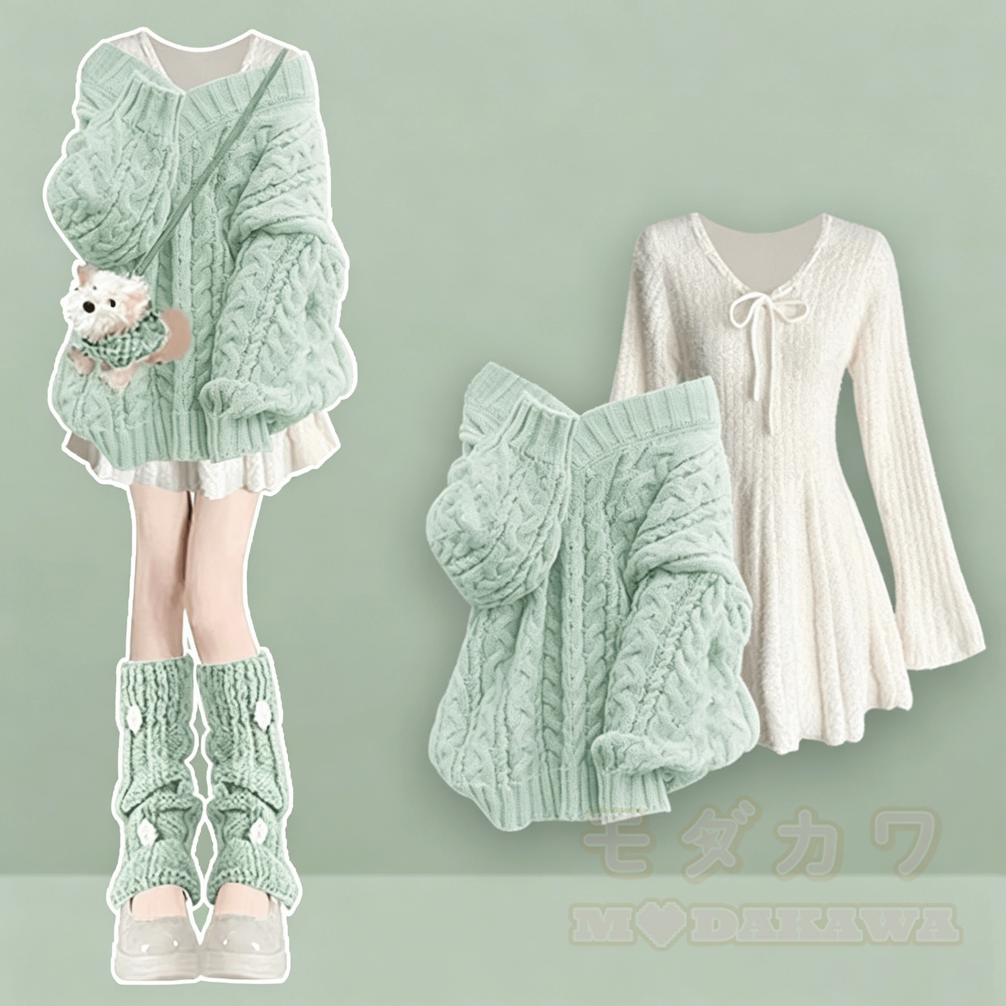 Zweiteiliges Set aus weichem Strickpullover und Kleid mit Schleife - Grünes Set - 4XL - image 2