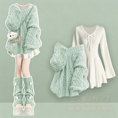 Zweiteiliges Set aus weichem Strickpullover und Kleid mit Schleife - Grünes Set - 4XL - image 2