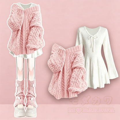 Zweiteiliges Set aus weichem Strickpullover und Kleid mit Schleife - Rosa Set - 4XL - image 1