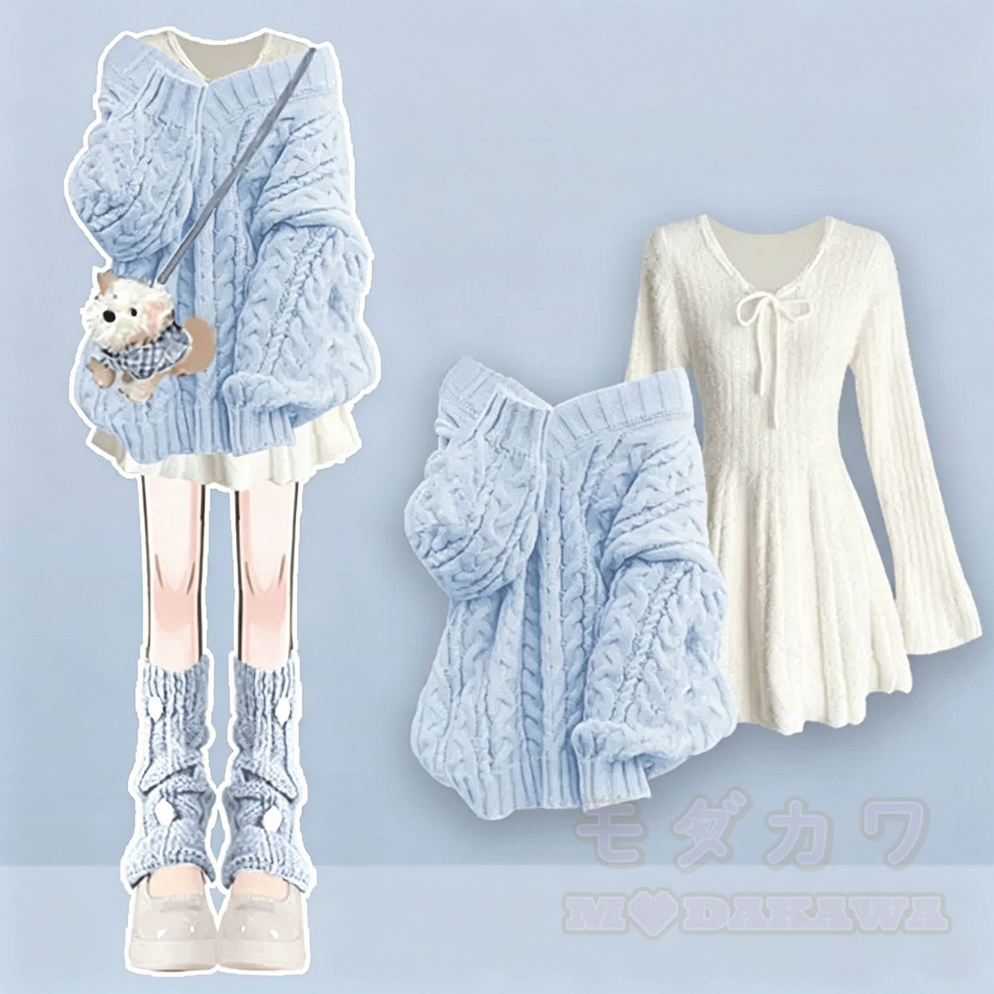 Zweiteiliges Set aus weichem Strickpullover und Kleid mit Schleife - Blaues Set - 4XL - image 3