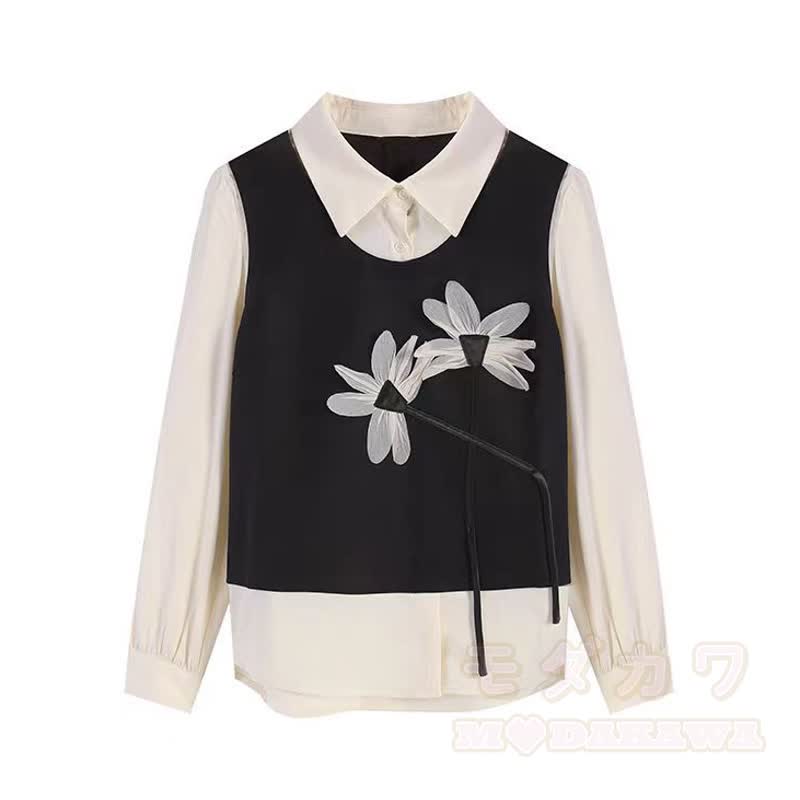 Süßes, hübsches dreiteiliges Set aus Weste, Hemd mit Reverskragen und Spitzenrock mit Blumenmuster - Hemd + Weste - 4XL - image 2