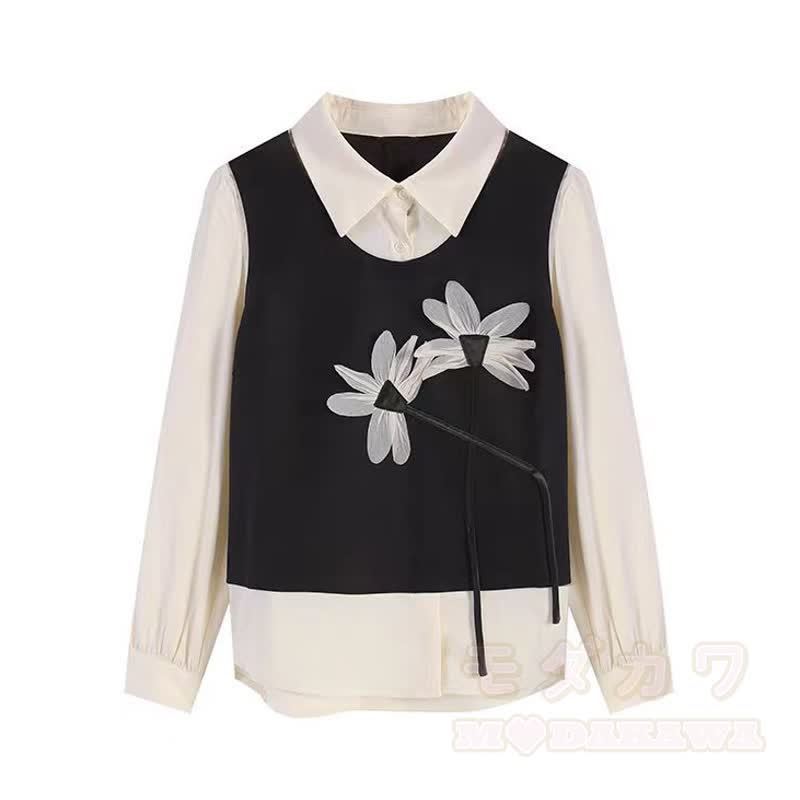 Süßes, hübsches dreiteiliges Set aus Weste, Hemd mit Reverskragen und Spitzenrock mit Blumenmuster - Hemd + Weste - 4XL - image 2