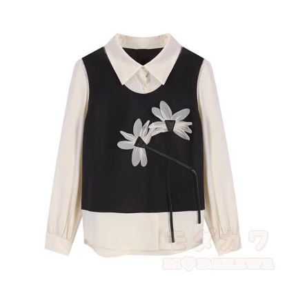 Süßes, hübsches dreiteiliges Set aus Weste, Hemd mit Reverskragen und Spitzenrock mit Blumenmuster - Hemd + Weste - 4XL - image 2