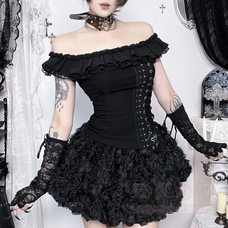 Süßes zweiteiliges Set aus Spitze mit Rüschen im Gothic-Stil und eckigem Ausschnitt - Satz - L - image 1