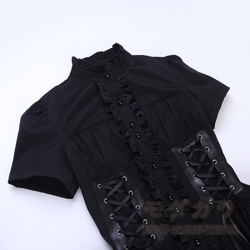 Süßes, zierliches Gothic-Kleid mit hohem Kragen, Schnürung und kurzen Ärmeln - image 5