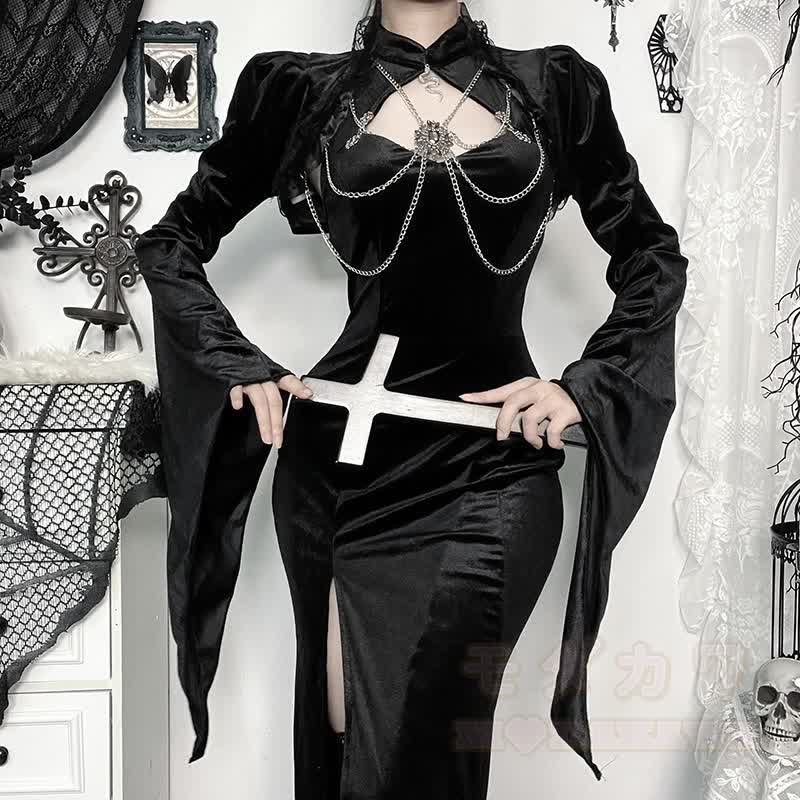 Gothic-Kleid aus dunklem Samt mit ausgestellten langen Ärmeln - image 3
