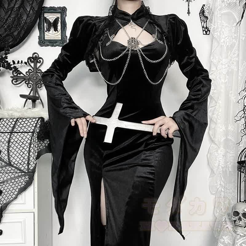 Gothic-Kleid aus dunklem Samt mit ausgestellten langen Ärmeln - image 3