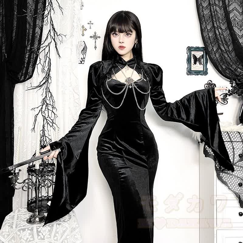 Gothic-Kleid aus dunklem Samt mit ausgestellten langen Ärmeln - image 2