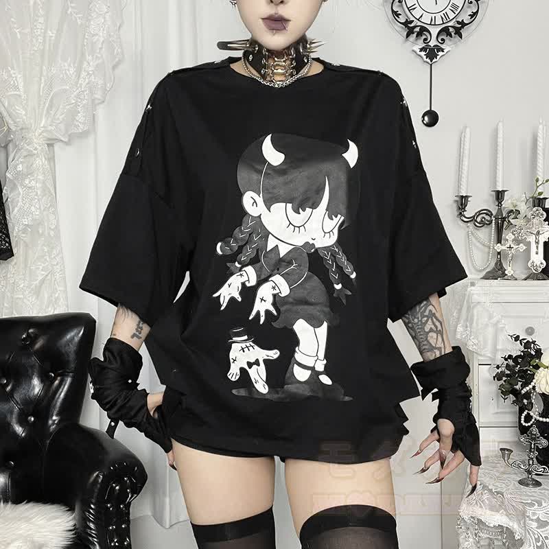 Süßes Kawaii-Teufelsmädchen-Print, Oversize-T-Shirt mit schulterfreiem Oberteil und kurzen Ärmeln - image 3