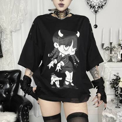 Süßes Kawaii-Teufelsmädchen-Print, Oversize-T-Shirt mit schulterfreiem Oberteil und kurzen Ärmeln - image 3