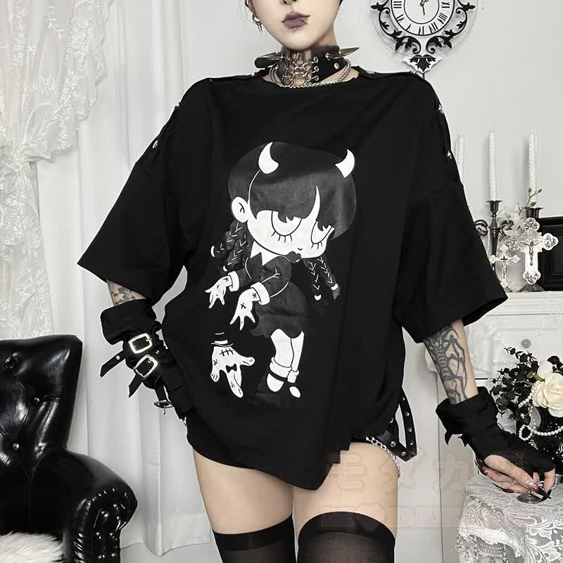 Süßes Kawaii-Teufelsmädchen-Print, Oversize-T-Shirt mit schulterfreiem Oberteil und kurzen Ärmeln - image 2