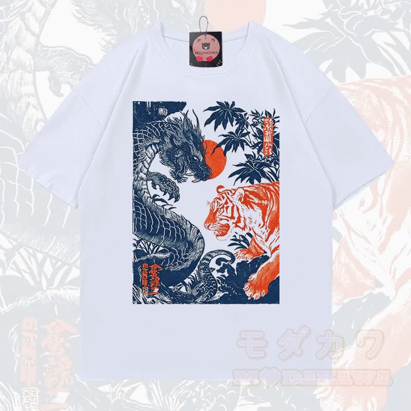 MODAKAWA Sommer-T-Shirt mit Drachen- und Tigerprint, lockere Passform, Kurzarm - Weiß - 5XL - image 5