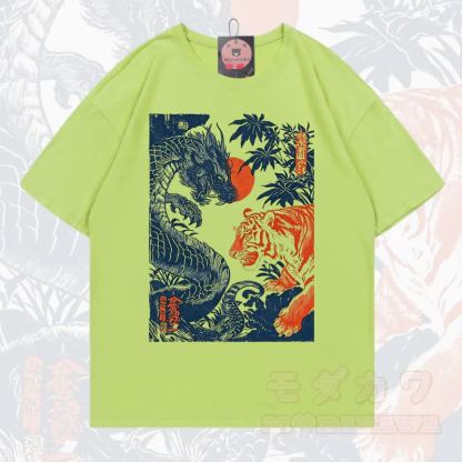 MODAKAWA Sommer-T-Shirt mit Drachen- und Tigerprint, lockere Passform, Kurzarm - Limettengrün - 5XL - image 4