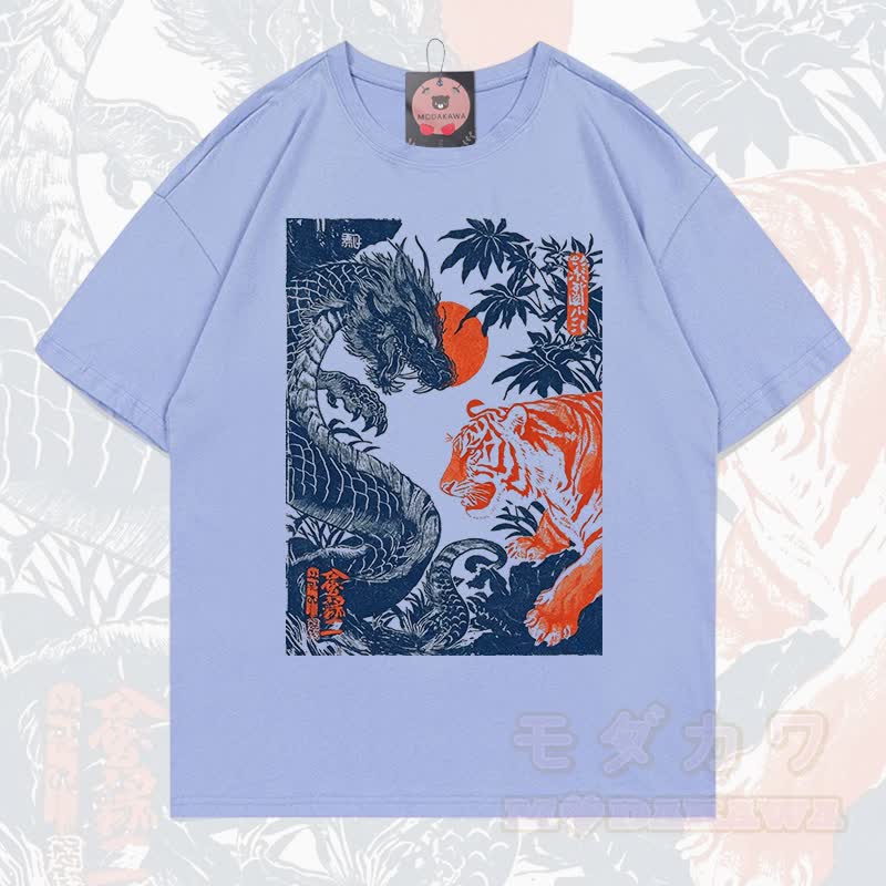 MODAKAWA Sommer-T-Shirt mit Drachen- und Tigerprint, lockere Passform, Kurzarm - Dunstblau - 5XL - image 10