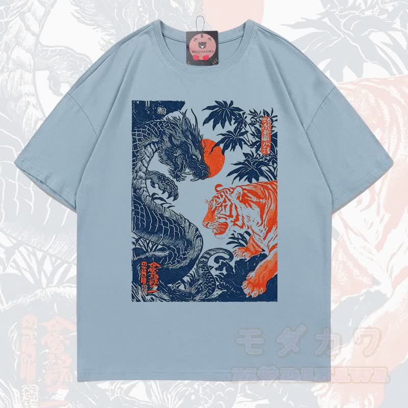 MODAKAWA Sommer-T-Shirt mit Drachen- und Tigerprint, lockere Passform, Kurzarm - Hellblau - 5XL - image 3