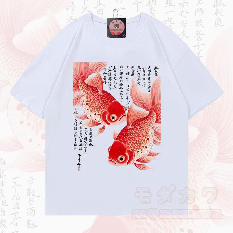MODAKAWA Sommer-T-Shirt mit Fischgrafik, lockerer Ärmel - Weiß - 5XL - image 5