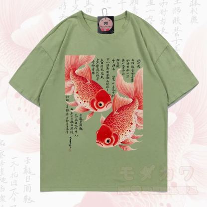 MODAKAWA Sommer-T-Shirt mit Fischgrafik, lockerer Ärmel - Olivgrün - 5XL - image 7