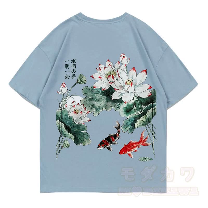 MODAKAWA Sommer-T-Shirt mit Blumen- und Fischmuster, locker geschnitten, Kurzarm - Hellblau - 5XL - image 3
