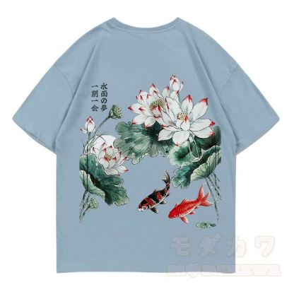 MODAKAWA Sommer-T-Shirt mit Blumen- und Fischmuster, locker geschnitten, Kurzarm - Hellblau - 5XL - image 3