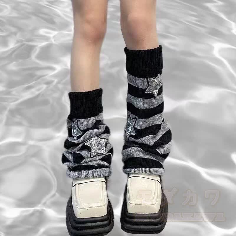 Harajuku Fashion Y2K Streifen- und Sternenmuster Wendbare Beinstulpen Socken - Schwarz Grau - One Size - image 3