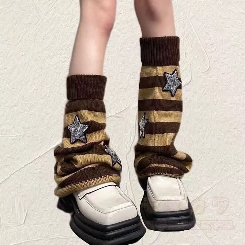 Harajuku Fashion Y2K Streifen- und Sternenmuster Wendbare Beinstulpen Socken - Kaffee - One Size - image 5