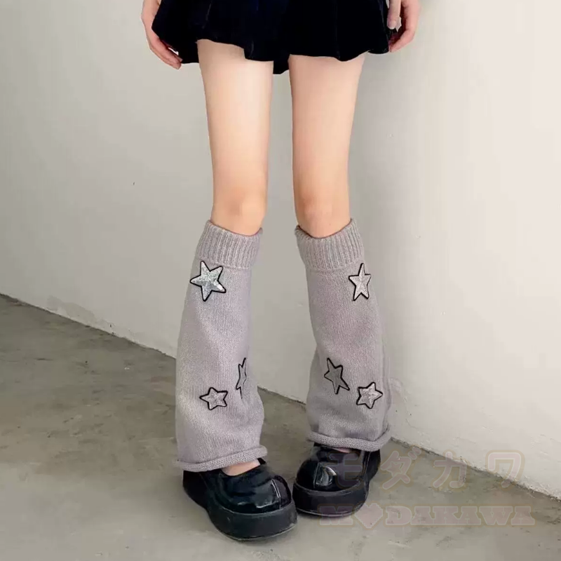 Harajuku Fashion Y2K Streifen- und Sternenmuster Wendbare Beinstulpen Socken - Grau - One Size - image 7