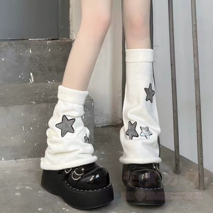 Harajuku Fashion Y2K Streifen- und Sternenmuster Wendbare Beinstulpen Socken - Weiß - One Size - image 6