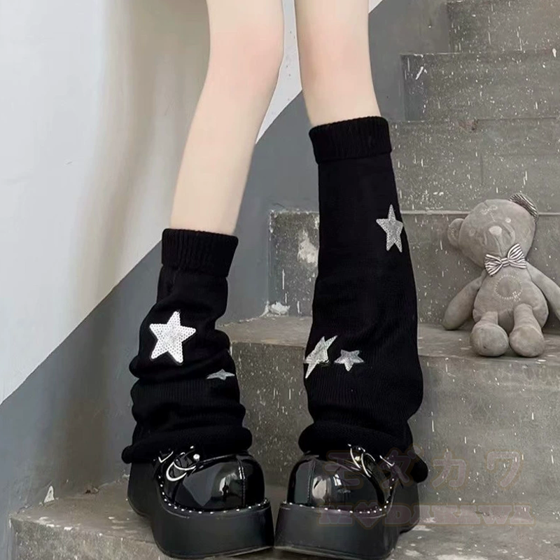 Harajuku Fashion Y2K Streifen- und Sternenmuster Wendbare Beinstulpen Socken - Schwarz - One Size - image 8