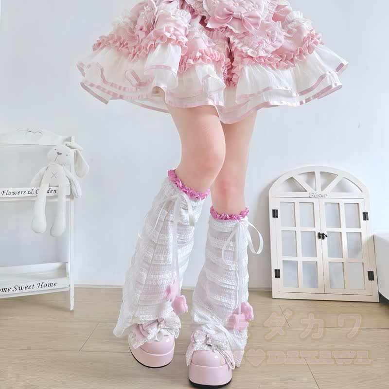 Beinstulpen mit süßer Sternschleife, dünne Socken - Rosa-weiße Socke + rosa Netz - One Size - image 11
