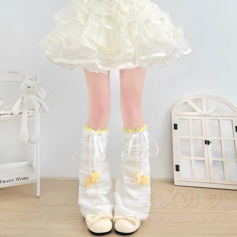 Beinstulpen mit süßer Sternschleife, dünne Socken - Gelbe und weiße Socke + gelbes Netz - One Size - image 13