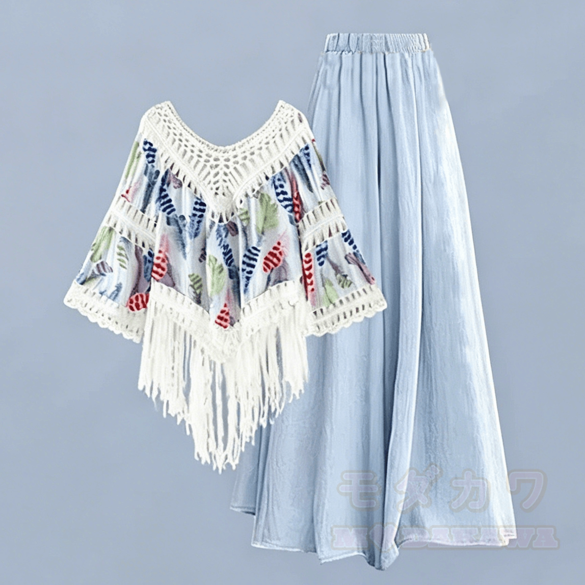 Zweiteiliges Set: Oberteil im Boho-Stil mit weit geschnittener Hose - Blaues Set - 4XL - image 2