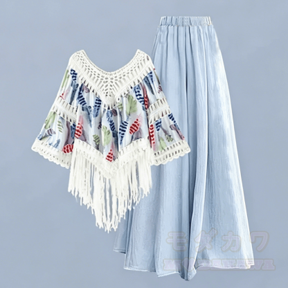 Zweiteiliges Set: Oberteil im Boho-Stil mit weit geschnittener Hose - Blaues Set - 4XL - image 2
