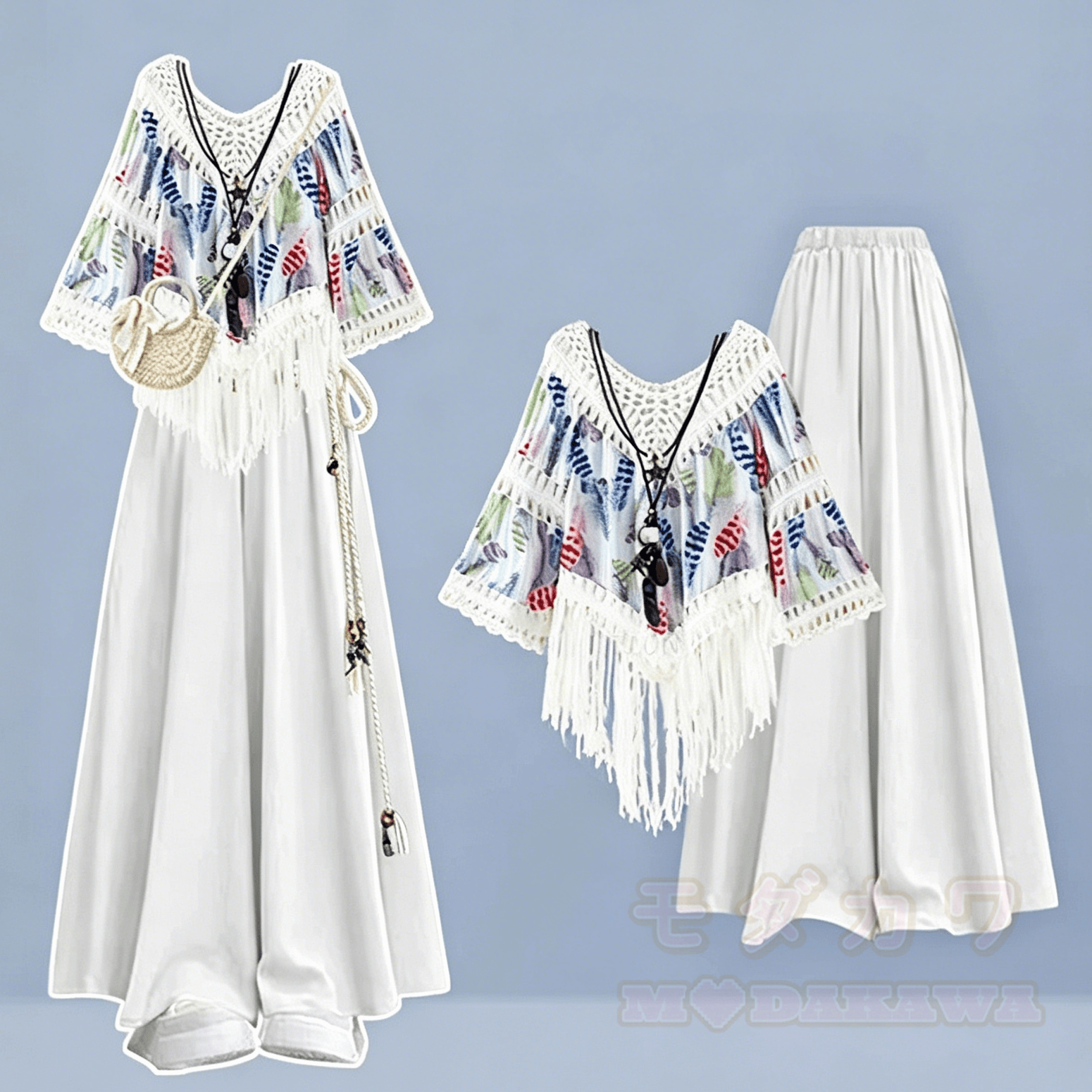 Zweiteiliges Set: Oberteil im Boho-Stil mit weit geschnittener Hose - Weißes Set - 4XL - image 3