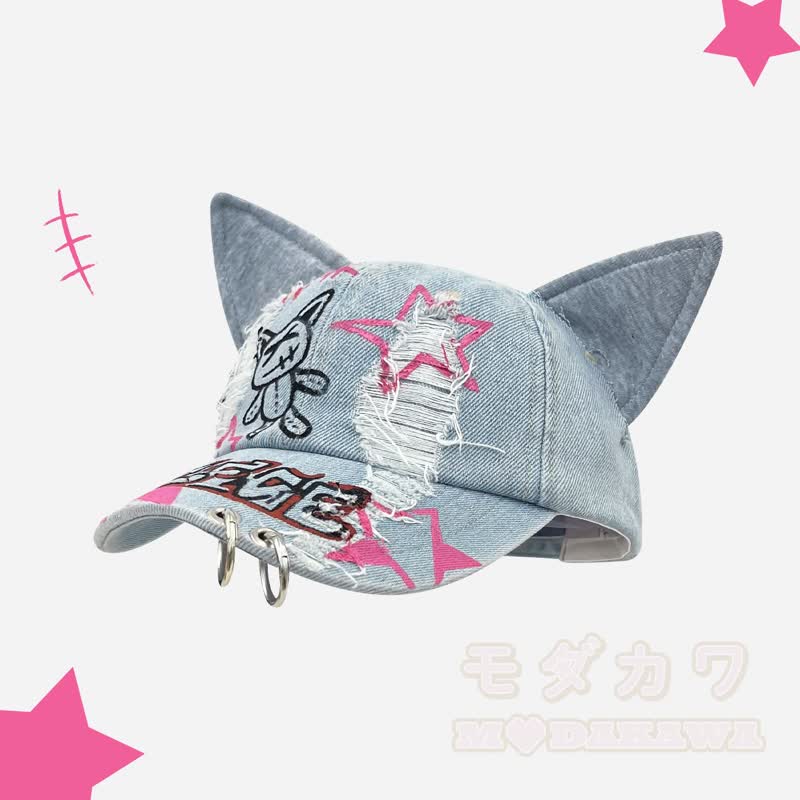 Y2K Distressed Denim Cat Ear Gothic Summer Baseball Cap - image 3