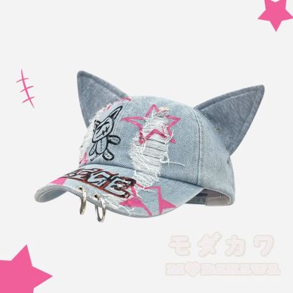 Y2K Distressed Denim Cat Ear Gothic Summer Baseball Cap - image 3