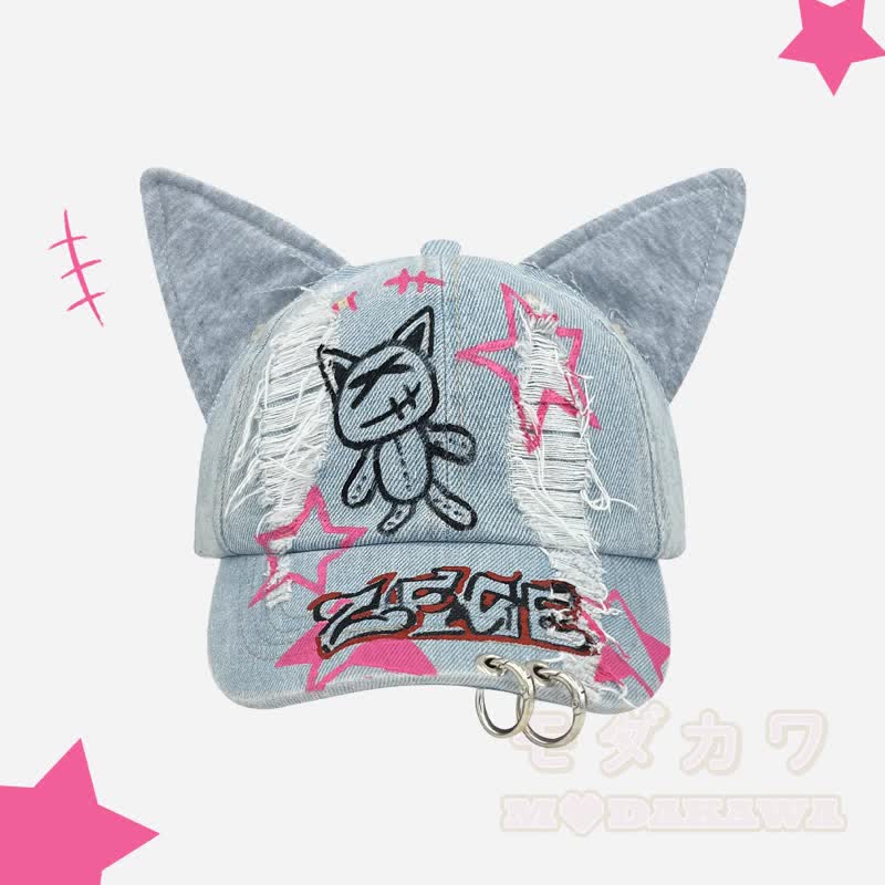 Y2K Distressed Denim Cat Ear Gothic Summer Baseball Cap - Blau - One Size - image 2