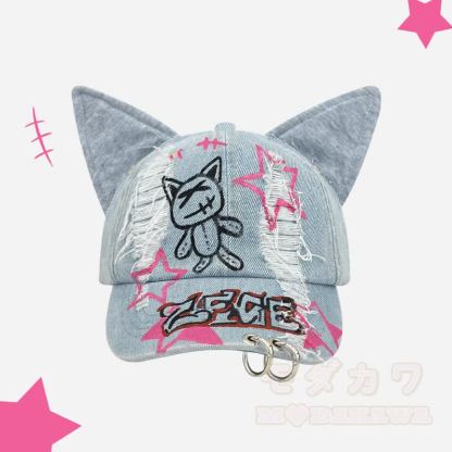 Y2K Distressed Denim Cat Ear Gothic Summer Baseball Cap - Blau - One Size - image 2