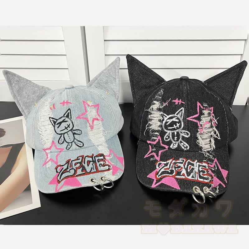 Y2K Distressed Denim Cat Ear Gothic Summer Baseball Cap - image 5