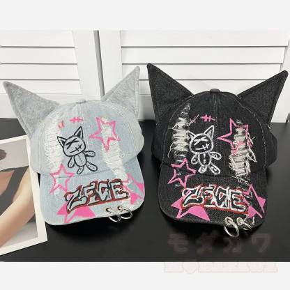 Y2K Distressed Denim Cat Ear Gothic Summer Baseball Cap - image 5