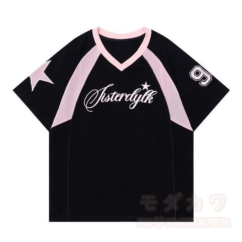 Süßes, lockeres Sport-T-Shirt mit V-Ausschnitt und kurzen Ärmeln - Schwarz - 3XL - image 2