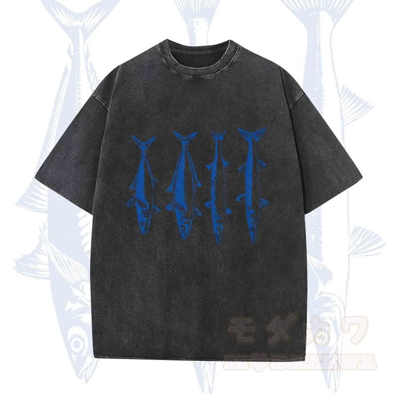 Modakawa Vintage Fischprint gewaschenes T-Shirt - Schwarz - 5XL - image 5
