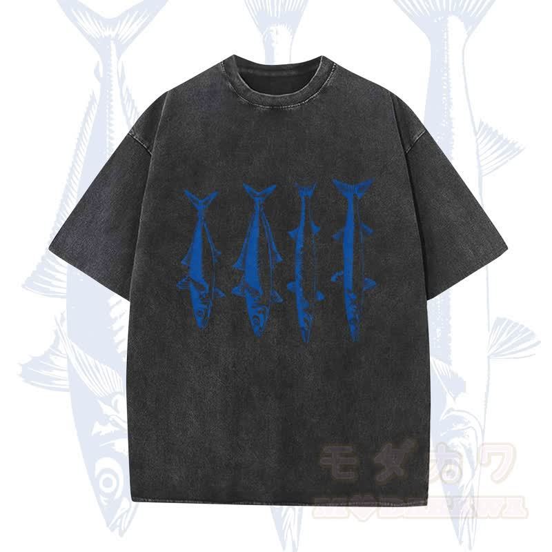 Modakawa Vintage Fischprint gewaschenes T-Shirt - Schwarz - 5XL - image 5