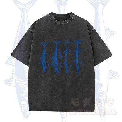 Modakawa Vintage Fischprint gewaschenes T-Shirt - Schwarz - 5XL - image 5