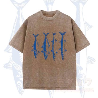 Modakawa Vintage Fischprint gewaschenes T-Shirt - Kaffee - 5XL - image 3