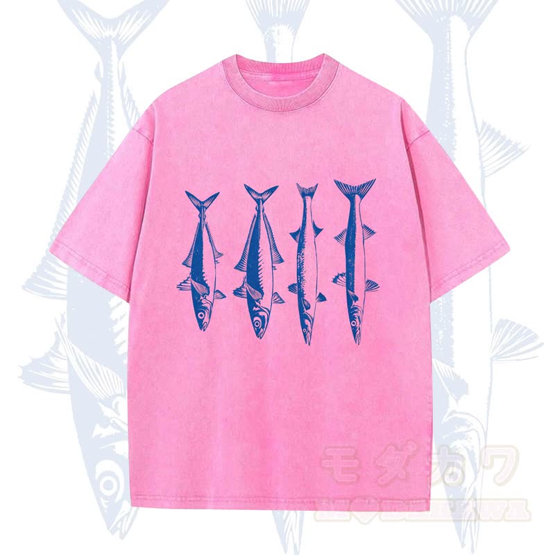Modakawa Vintage Fischprint gewaschenes T-Shirt - Rosa - 5XL - image 1