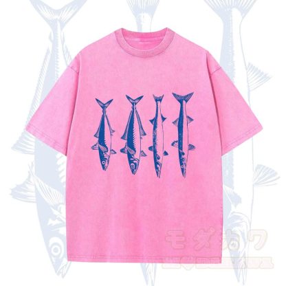Modakawa Vintage Fischprint gewaschenes T-Shirt - Rosa - 5XL - image 1