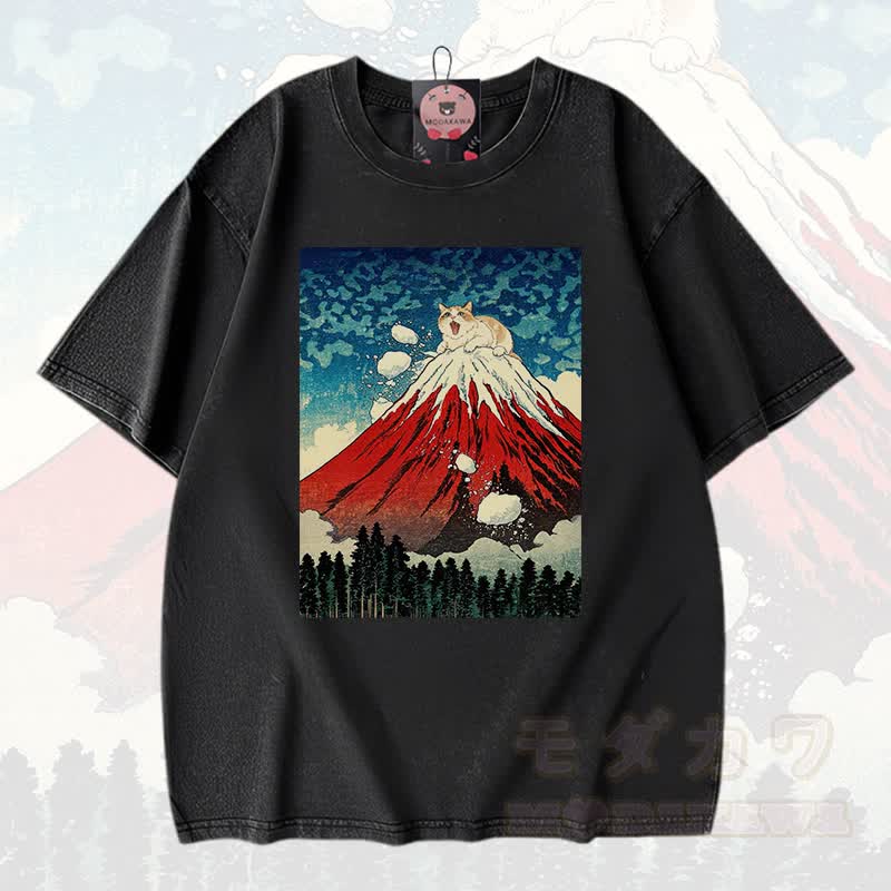MODAKAWA Volcano Anime Grafik Vintage Washed 100% Baumwolle T-Shirt - Schwarz - 3XL - image 1