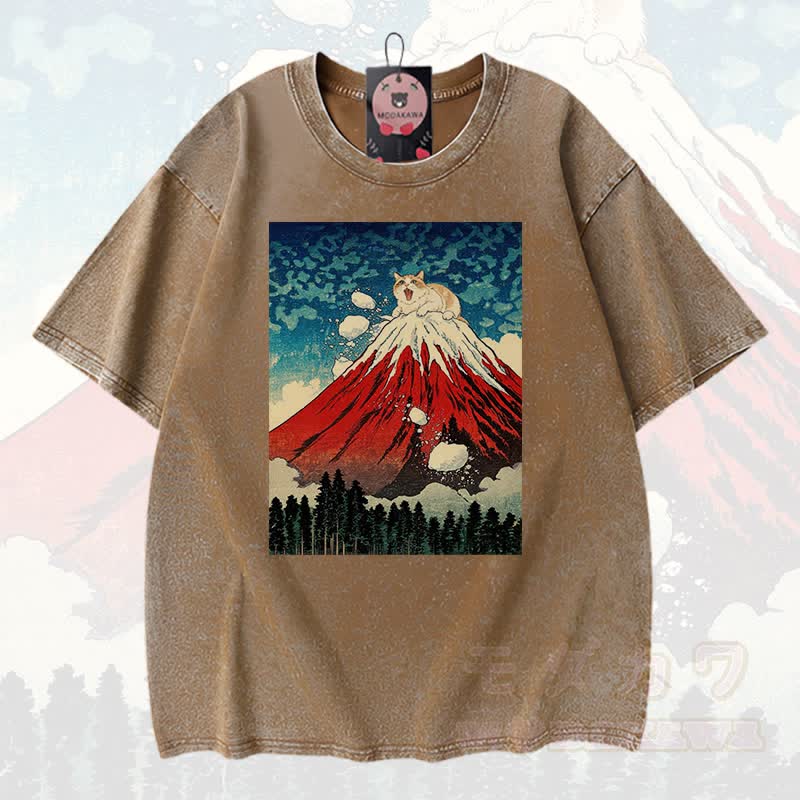 MODAKAWA Volcano Anime Grafik Vintage Washed 100% Baumwolle T-Shirt - Braun - 3XL - image 3