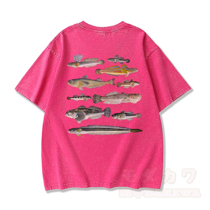 Modakawa Marine Fish Print Washed Loose Oversized Kurzarm-T-Shirt - Rosa - 3XL - image 3